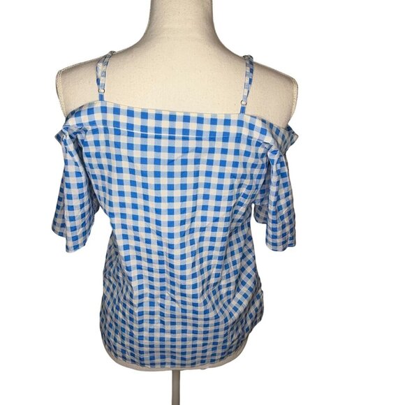 Draper James x Net a Porter Blue White Gingham Off-Shoulder Top XS Cotton Silk - Picture 2 of 8
